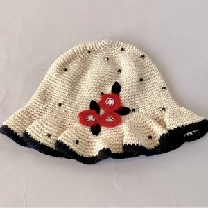 Baby Cream Crochet Bucket Hat with Red Flowers